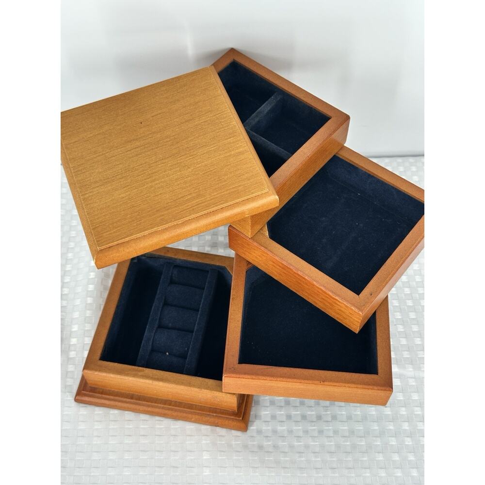 Vintage Wood Jewelry Box Four Tier Flex Zorb Velvet lined 80’s Swivel - Picture 2 of 7